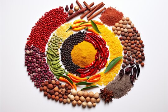 Vibrant array of colorful spices, aromatic herbs, and kitchen utensils on white background