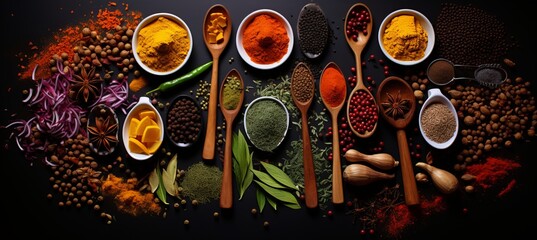 Vibrant array of colorful spices and aromatic herbs in elegant kitchen composition