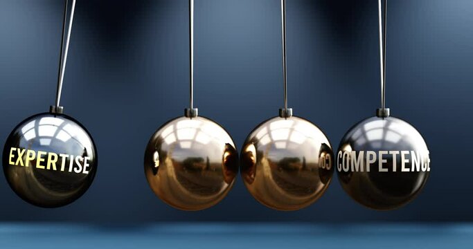 Expertise leads to competence. A Newton cradle metaphor in which expertise gives power to set competence in motion. Cause and effect relation between expertise and competence. Can be looped