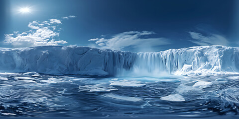 Melting glaciers of Antarctica. 360 VR view. Cracks in the ice. Climate change concept