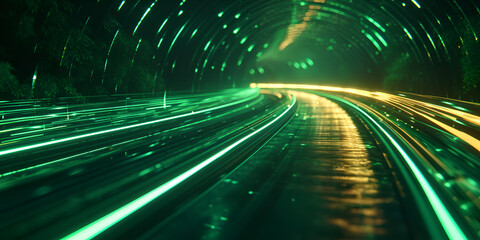 3d render. Abstract neon background. Speed of light. Green light highway, generative ai