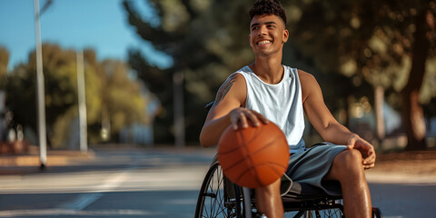 Latino young disabled man playing basketball, wheelchair, disability, sports, active, happy, smiling, generative ai - obrazy, fototapety, plakaty