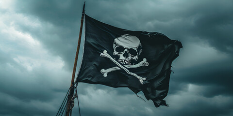 Pirate flag with skull and bones waving in the wind, cloudy sky background, jolly roger symbol, dark mysterious hacker and robber concept, generative ai - obrazy, fototapety, plakaty