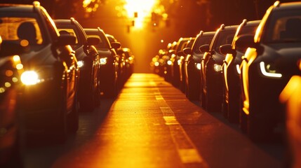 An abstract shot of multiple car headlights converging in one direction their silhouettes creating...