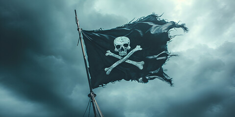 Fototapeta premium Pirate flag with skull and bones waving in the wind, cloudy sky background, jolly roger symbol, dark mysterious hacker and robber concept, generative ai