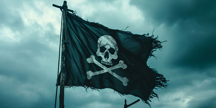 Pirate flag with skull and bones waving in the wind, cloudy sky background, jolly roger symbol, dark mysterious hacker and robber concept, generative ai