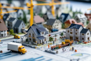 Fototapeta na wymiar Miniature Construction Scene with Model Houses and Cranes