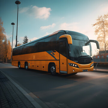 Image of a school bus in the city, transportation, traffic, bus, school, city, road, lights, daytime, sky, clouds, trees, AI-generated.