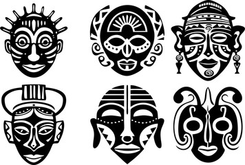 Ritual religious totem masks set. Ancient aboriginal deities for rituals with ornaments. Ceremonial masks, Spolynesian, maori or hawaiian tribal faces in high HD resolution.