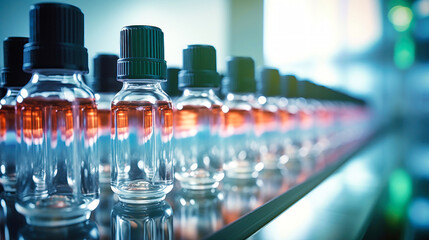 Row of Liquid-Filled Bottles on Shelf. Bottles with medicines on the conveyor. Selective focus. Close-up.
