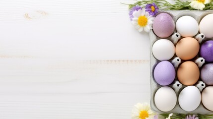 A cardboard tray or box with colored eggs and spring flowers on a white wooden background. Festive background, greeting card, happy Easter. Easter background with space to copy.