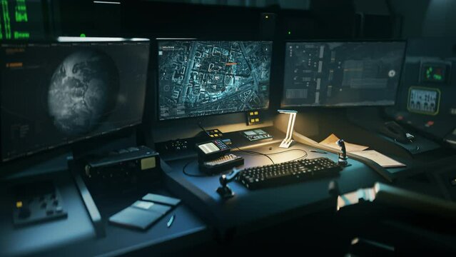 Futuristic Surveillance network is used in the control room. Operating the surveillance network tech from the police control room. Surveillance network locates the target on the road. Control Hub.