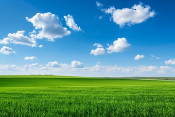 Fototapeta premium Lush Green Field Under Blue Sky with White Clouds