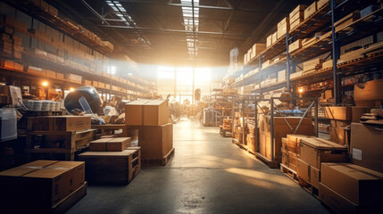 Retail warehouse full of shelves with goods in cardboard boxes, with pallets and forklifts. Logistics and transport blurred background. Product distribution center