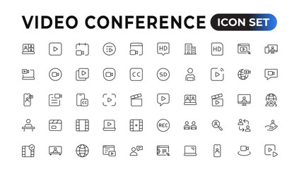 Fototapeta na wymiar Video Conference Icons Set. Collection of linear simple web icons such Video Сommunication with People.