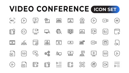 Fototapeta na wymiar Video Conference Icons Set. Collection of linear simple web icons such Video Сommunication with People.