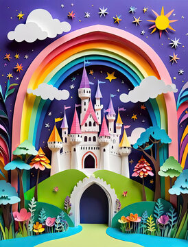 Enchanted Castle and Space Adventure - Adorable children's storybook illustration with a rainbow arching over a vibrant landscape Gen AI