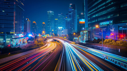 Fototapeta na wymiar Nighttime Cityscape with Light Trails on Urban Roadways
