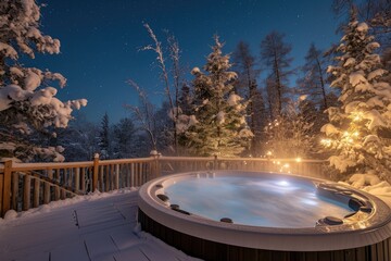 The warm hot tub invites you to relax in the beautiful winter landscape under the stars.