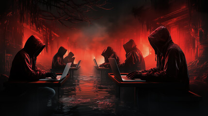 Multiple hooded individuals on laptops in a red-lit, misty forest setting, suggest clandestine activity.
 - obrazy, fototapety, plakaty