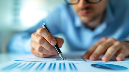 a corporate treasurer wearing glasses and analyzing financial reports with a pen