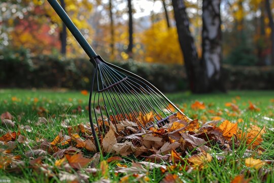 Photo raking leaves with fan rake from the lawn.