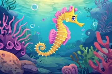 seahorse with beautiful underwater world..Vector illustration cartoon style  - obrazy, fototapety, plakaty