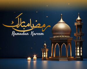 Ramadan Kareem Arabic Calligraphy with golden mosque and stars