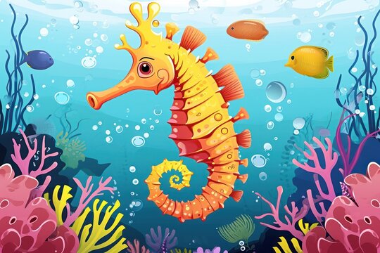 seahorse with beautiful underwater world..Vector illustration cartoon style 