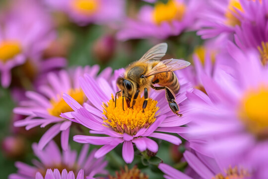 Honeybee Collecting Pollen on Purple Aster Flower
