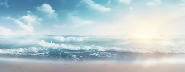 Foto op Plexiglas A beach with splashing waves and light brown sand © original logo