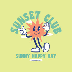 Retro Sunset Club slogan print with character illustration  for graphic tee t shirt or poster sticker