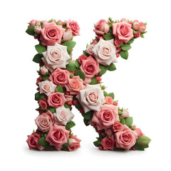 The letter K is made out of rose flowers, the Rose Alphabet, and Valentine Designs, on a White background, isolated on white, photorealistic	