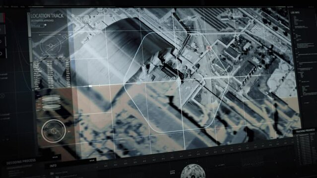 Scanning Satellite Using Advanced Sensors System To Conduct Location Analysis. Sensors Of Location Analysis Satellite Monitoring Network. Location Surveillance By Modern Satellite Sensors. Ui