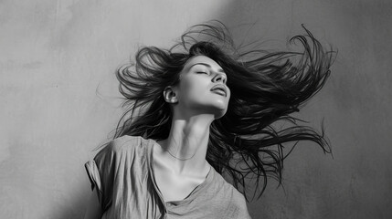 playful and carefree moment captured as a model tosses her hair in mid-motion