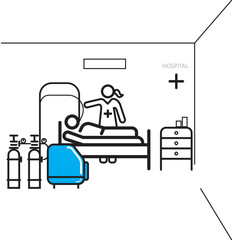 Illustration of medicine concept with doctors and patient in hospital room. Treatment and care for patients in hospital bed a line drawing illustration