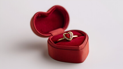 Gift ring in a heart shaped box another angle on white background copy space, generative ai