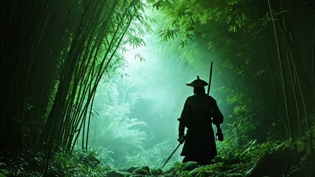 video illustration of a samurai in a bamboo forest