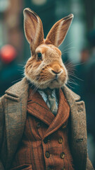 Stylish hare hops through city streets with tailored flair, epitomizing street style. The realistic urban backdrop frames this fashionable lagomorph, merging natural charm with contemporary elegance i