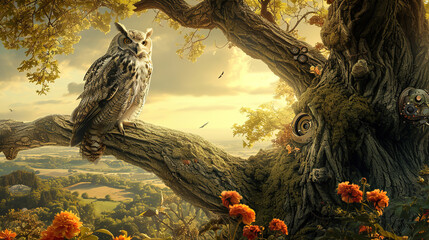 A serene landscape where a wise old owl perches on the shoulder of an ancient tree - obrazy, fototapety, plakaty
