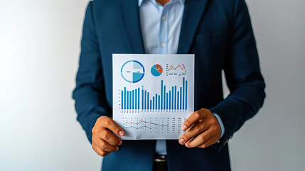 a solo portrait of a finance consultant holding a graph chart