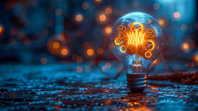 Conceptual image with lightbulb with moving gears as a symbol of an idea on dark background