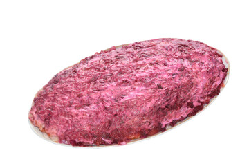 Beetroot salad with fish and mayonnaise.