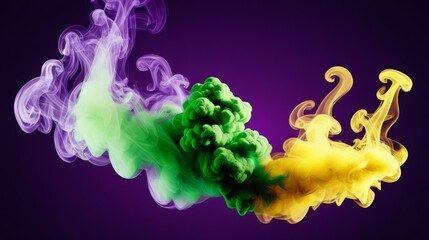 Ethereal Display of Vibrant Purple, Green, and Yellow Smoke Plumes Against a Dark Background