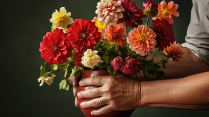 Elderly hands tenderly holding a pot of vibrant, multicolored dahlias.