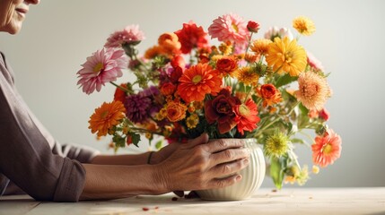 Senior woman arranging a vibrant bouquet of fresh flowers at home.