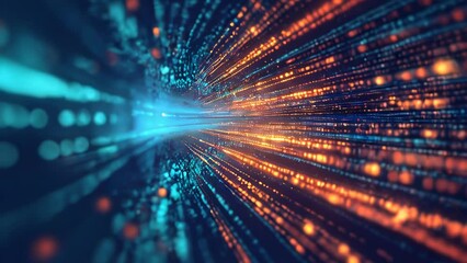 Blue and orange lights form a matrix of points, representing the flow of data as a fast-moving tunnel.
