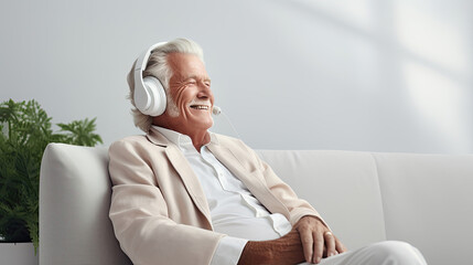 Senior man in a relaxed pose enjoying music with headphones.