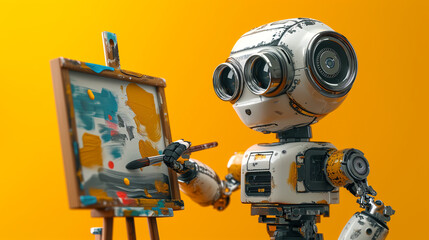 Young robot painting with water colors on yellow background. Concept for AI creativity in the artistic department.