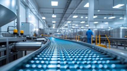 Obraz premium Clean view of food manufacturing facility. Conveyor belt closeup.